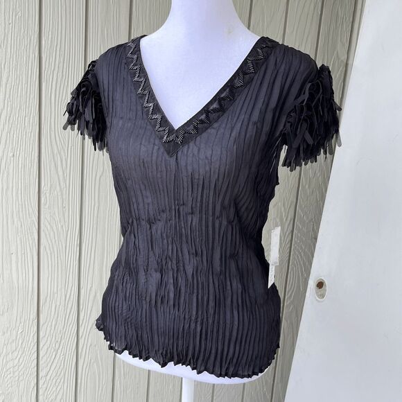 VTG NWT Kaelyn-Max Black Beaded Crinkle Top L Sheer Y2K Party Blouse Deadstock - Picture 1 of 10